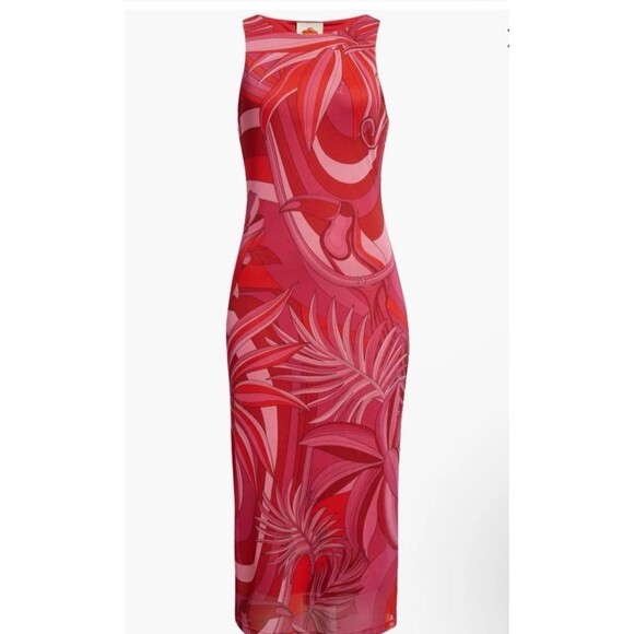 Farm Rio Women Large Endless Floral Tulle Midi Dress Pink Toucan Tropical Hawaii - Picture 1 of 16